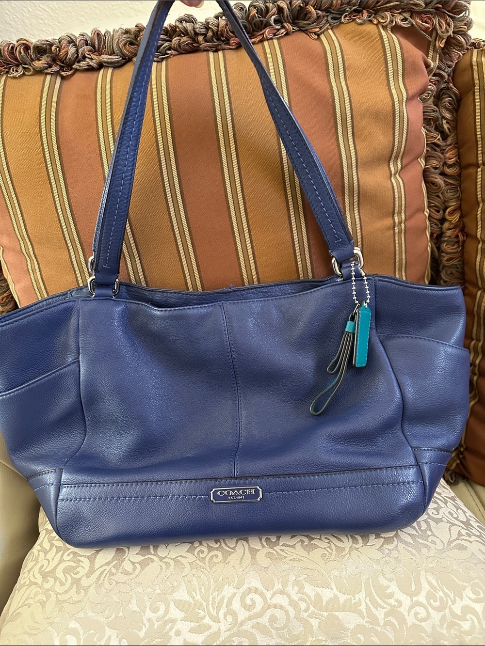 Coach Royal Blue Leather Shoulder Tote with Teal Charm